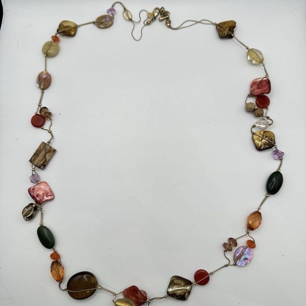 Lia Sophia Maggie Station Bead Necklace Shell Tigers Eye jasper Stones 39"